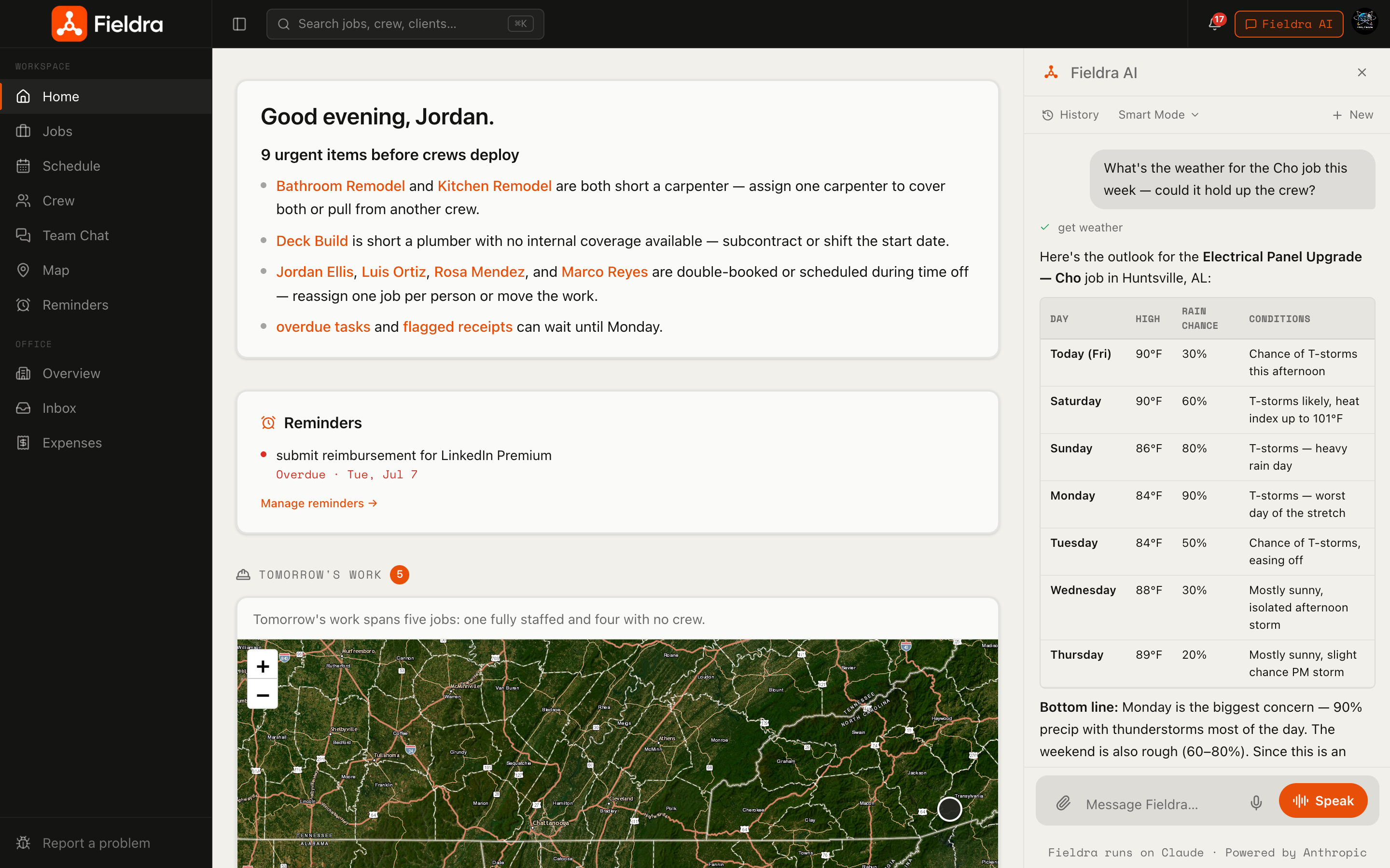 Fieldra desktop — the daily brief alongside the Fieldra AI assistant answering a weather question with a day-by-day forecast for a job site
