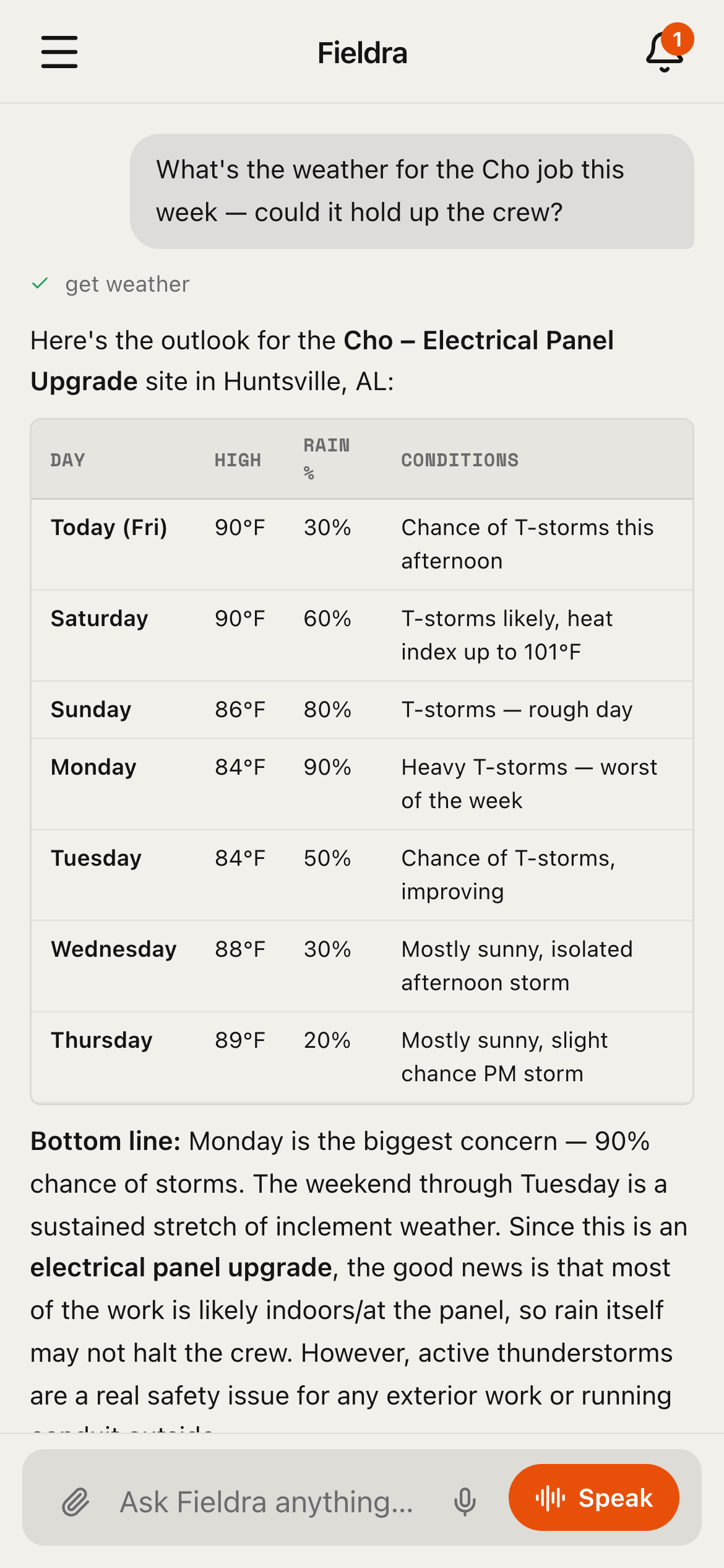 Fieldra on mobile — the AI assistant answering a job-site weather question with a forecast and crew-impact analysis